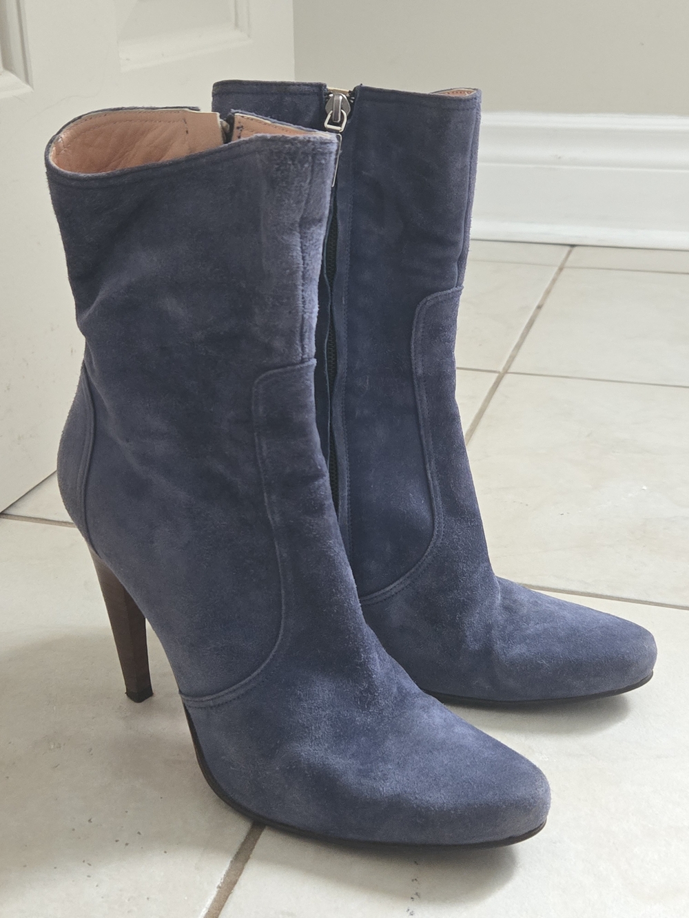 Santoni Navy Suede High-Heel Ankle Boots